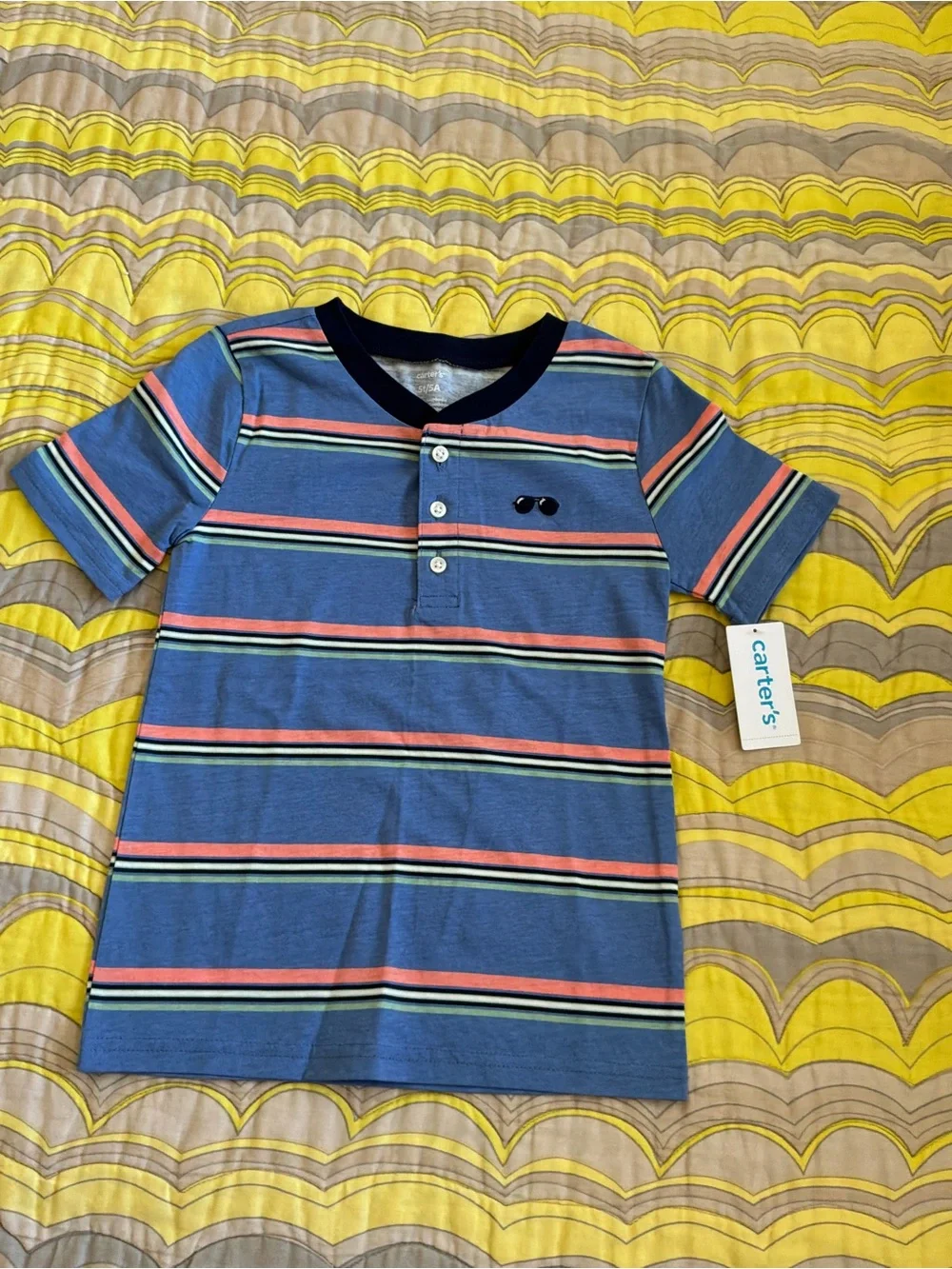 Carter's Boys' Blue Stripe Henley Tee with Sunglasses Detail | NWT